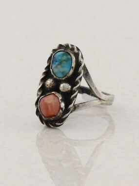 Sterling Silver Turquoise and Coral Cocktail Ring - Blue and Coral Accent